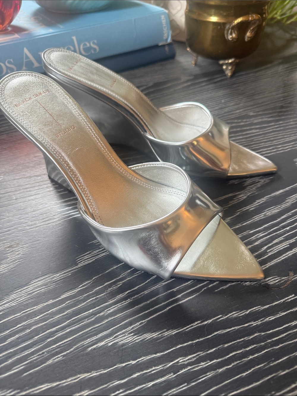 Black Sued Studio Metallic Silver Maeva Mules Wedge Sandals Pointy Toe Sz 38 - Picture 5 of 14